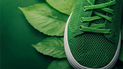 A vibrant green sneaker rests on lush green leaves, symbolizing eco-friendliness and sustainability in fashion.