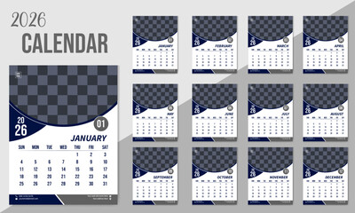 Modern clean and cool wall calendar design template for 2026. Week starts sunday 2026 layout. Corporate stylise design template.