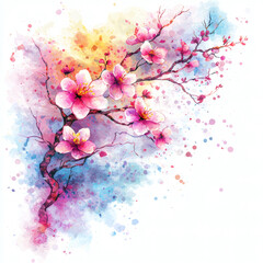 Watercolor cherry blossom branch with pink flowers and blue splatter effect on delicate artistic spring painting