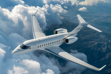 Obraz premium Sleek modern white passenger airplane ascending through bright cloudy sky