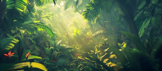 Sunlight filters through lush jungle