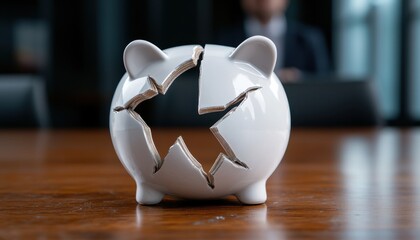 A broken piggy bank symbolizes financial loss and poor savings management in a modern office environment.
