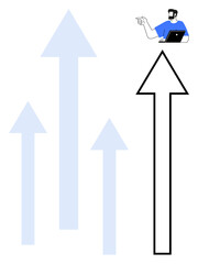 Man with laptop pointing upward, next to four ascending arrows. Ideal for themes on growth, progress, success, leadership, strategy, goal achievement motivation. Abstract line flat metaphor