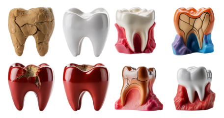 Realistic Dental Models of Different Tooth Conditions for Education, isolated on transparent background