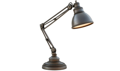 Metal desk lamp illuminates dark background; office workspace