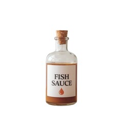 Elegant glass bottle of fish sauce with cork stopper and label