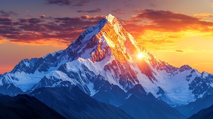 Majestic mountain peak sunset, Himalayan range, golden hour, scenic landscape, travel postcard
