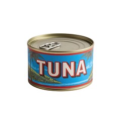 Canned tuna with bright packaging featuring tropical scenery and bold lettering