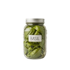 Fresh basil leaves stored in a clear glass jar labeled 'BASIL'