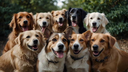 A lovely bunch of dogs using a cell phone camera to take a selfie. Artificial Intelligence