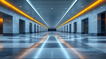 Fototapeta premium Modern building hallway, glowing lines, marble floor, elevator doors, business background