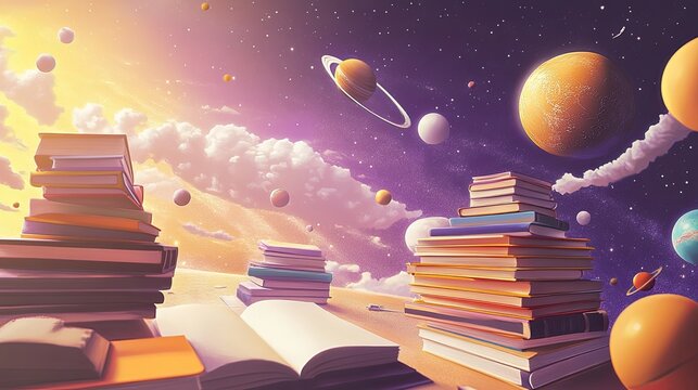Stacked Books In A Magical Space Fantasy Sunrise
