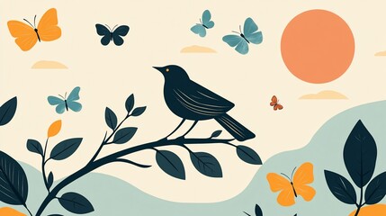 Fototapeta premium Minimalist illustration of a bird on a branch with flying butterflies and a sun