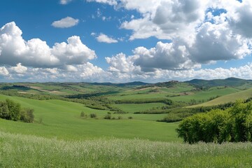 Tuscan hills, springtime landscape, rolling green fields, cloudy sky