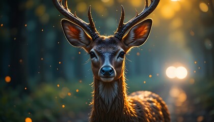 Majestic Deer in Golden Forest Light: A Stunning Close-Up Portrait of a Young Buck with Antlers