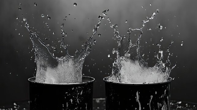 Water Splashing Into Two Black Buckets