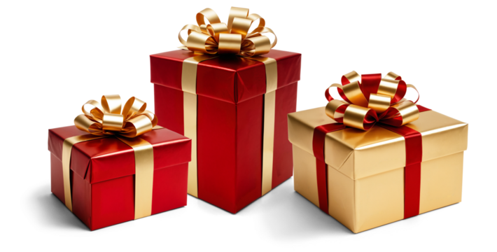 three 3 festive Christmas gifts, present boxes isolated png