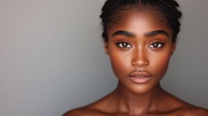Eyebrow fashion arched expression concept. Captivating Portrait of a Stunningly Beautiful African Woman with Soft Glowing Skin and Subtly Arched Eyebrows