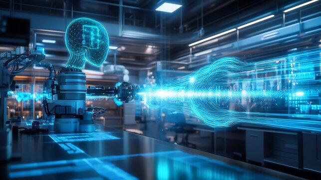 Quantum enhanced AI solving previously unsolvable equations in a futuristic research lab