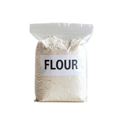 Clear plastic bag filled with white flour, labeled prominently with the word 'FLOUR'