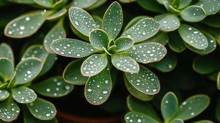 Fototapeta premium A close-up of succulent leaves adorned with droplets of water, showcasing vibrant green hues and a fresh, natural beauty.