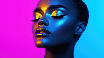 Eyebrow fashion arched expression concept. Dramatically Arched and Elongated Eyebrows with Vibrant Futuristic Makeup on Captivating Female Face