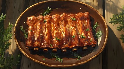 Appetizing grilled ribs with glaze, garnished with rosemary sprigs