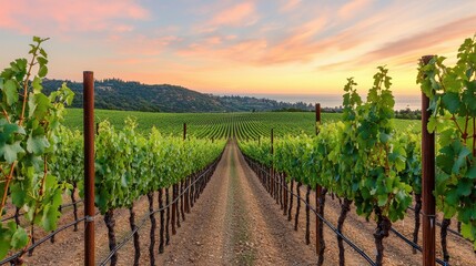 Naklejka premium A picturesque vineyard path stretches toward a colorful sunset, framed by lush grapevines and rolling hills, creating a serene and inviting atmosphere.