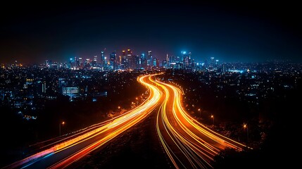 Obraz premium Night cityscape, highway light trails, urban sprawl, travel, technology