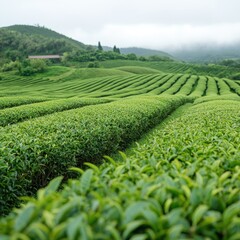 Lush Green Matcha Tea Plantation in Japanese Countryside Landscape