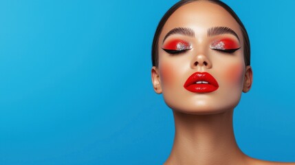 Eyebrow fashion arched expression concept. Captivating Bold Expressive Makeup with Glitter on Vibrant Blue Background