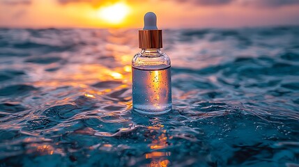 Ocean sunrise serum bottle, skincare, coastal beauty, tranquil scene, product photography