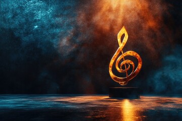 G clef sculpture illuminated in dark ambience