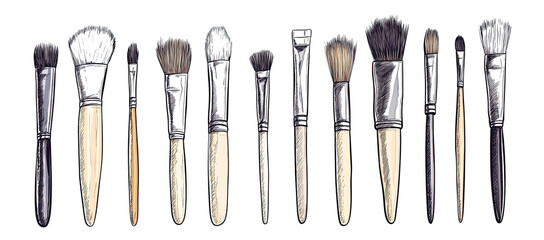 Various makeup brushes, hand-drawn illustration