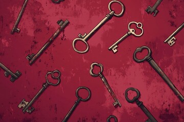 Naklejka premium Assorted antique keys are arranged against a textured red backdrop