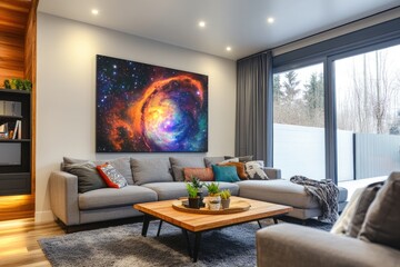 Modern living room features a large nebula artwork