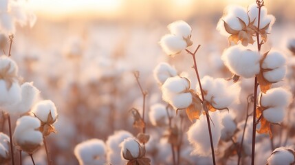 Cotton Buds in the Field a?" A close-up view of cotton buds on plants, with delicate fibers illuminated by soft morning sunlight against a blurred rural background.