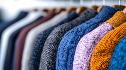 Colorful knit sweaters hanging in closet; autumn fashion