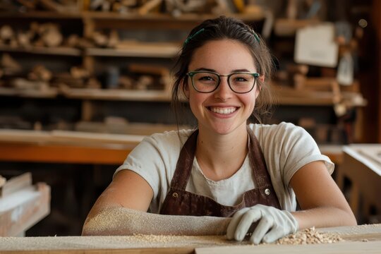 A smiling female carpenter wearing glasses and an apron is sitting at her workbench in the workshop, surrounded by wood pieces and tools on shelves behind her.