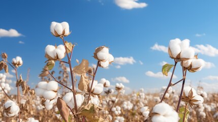 Cotton Buds in the Field a?" A close-up shot of fluffy cotton buds growing on a cotton plant in a vast field under a bright blue sky during the harvest season.