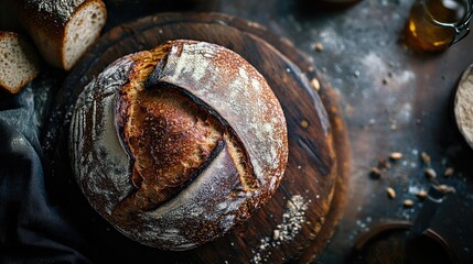 Rustic sourdough bread, dark background, kitchen setting, food photography