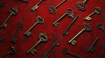 Fototapeta premium Vintage keys are scattered across an aged reddish textured surface