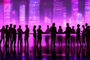 Neon City Networking Event: Silhouetted Figures at a Cocktail Reception