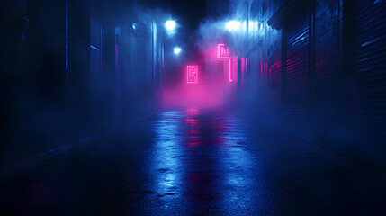 Naklejka premium Dark street, wet asphalt, reflections of rays in the water. Abstract dark blue background, smoke, smog. Empty dark scene, neon light, spotlights. Concrete floor 