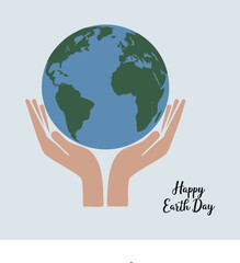 Happy earth day vector background. Simple planet and hands. Minimalist web banner, earth day vector illustration.