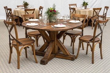Obraz premium Set of dining tables with chairs elegant and rustic dining setups transparent background