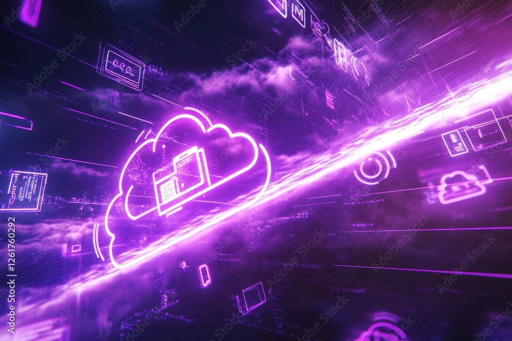Aufkleber cloud computing: digital data flow in a neon purple cyberspace