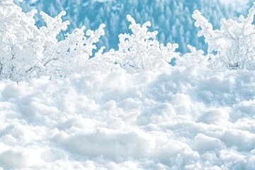 Fototapeta premium Winter wonderland; frosted branches, snow-covered mountain landscape