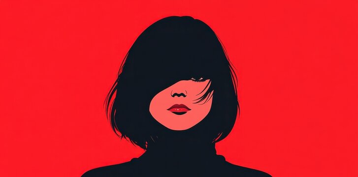 Woman with dark hair in front of a red background