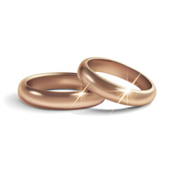 A pair of simple, shiny, polished rose gold wedding rings lying on a white background, symbolize unity and love. With glares and soft shadows.